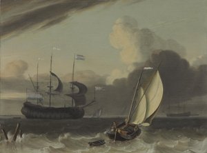 Un marchand hollandais et une barge à voile par vent léger